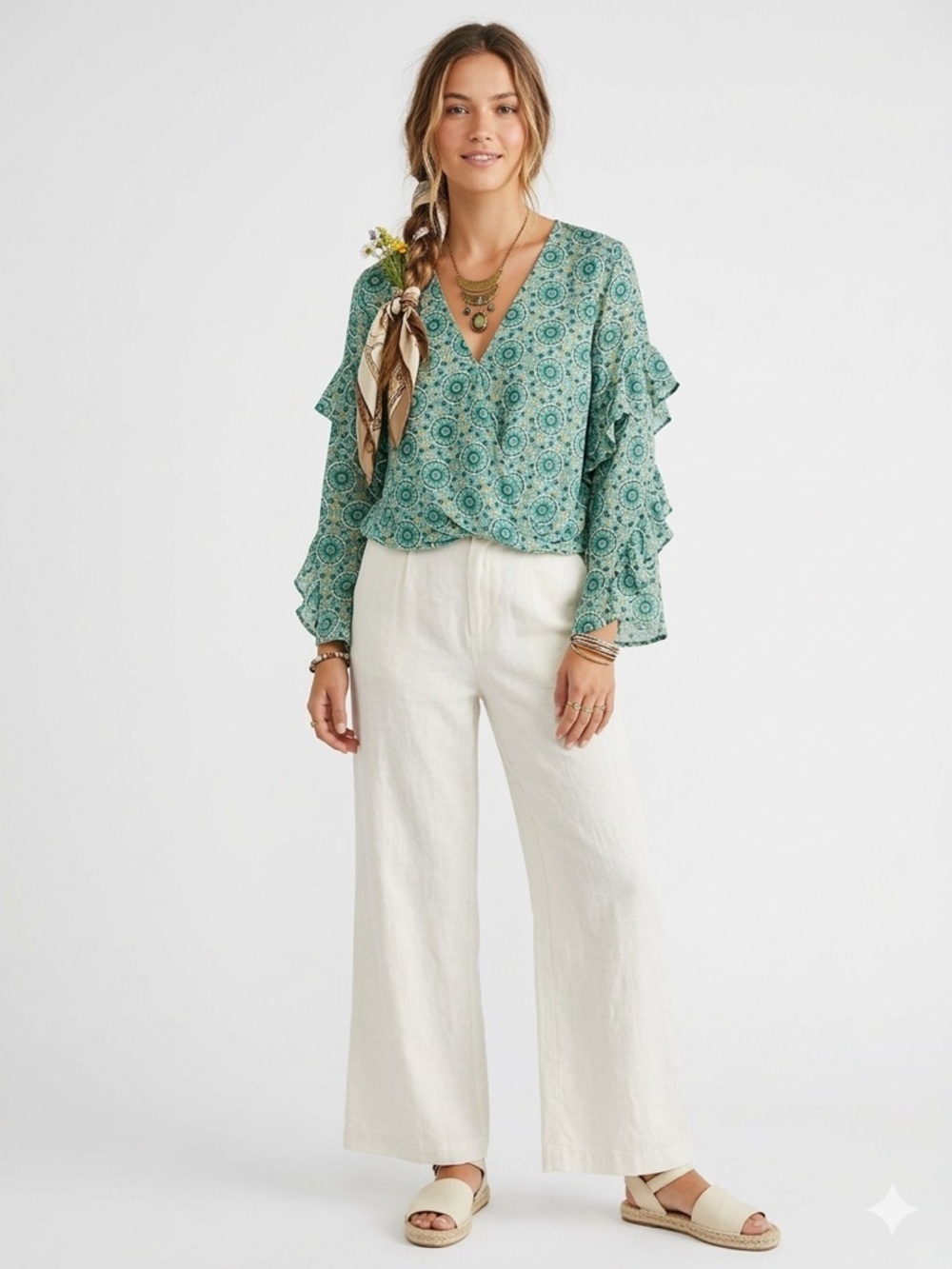 Max Studio Green Boho Medallion Print Blouse Small V-Neck Ruffle Sleeve Top
